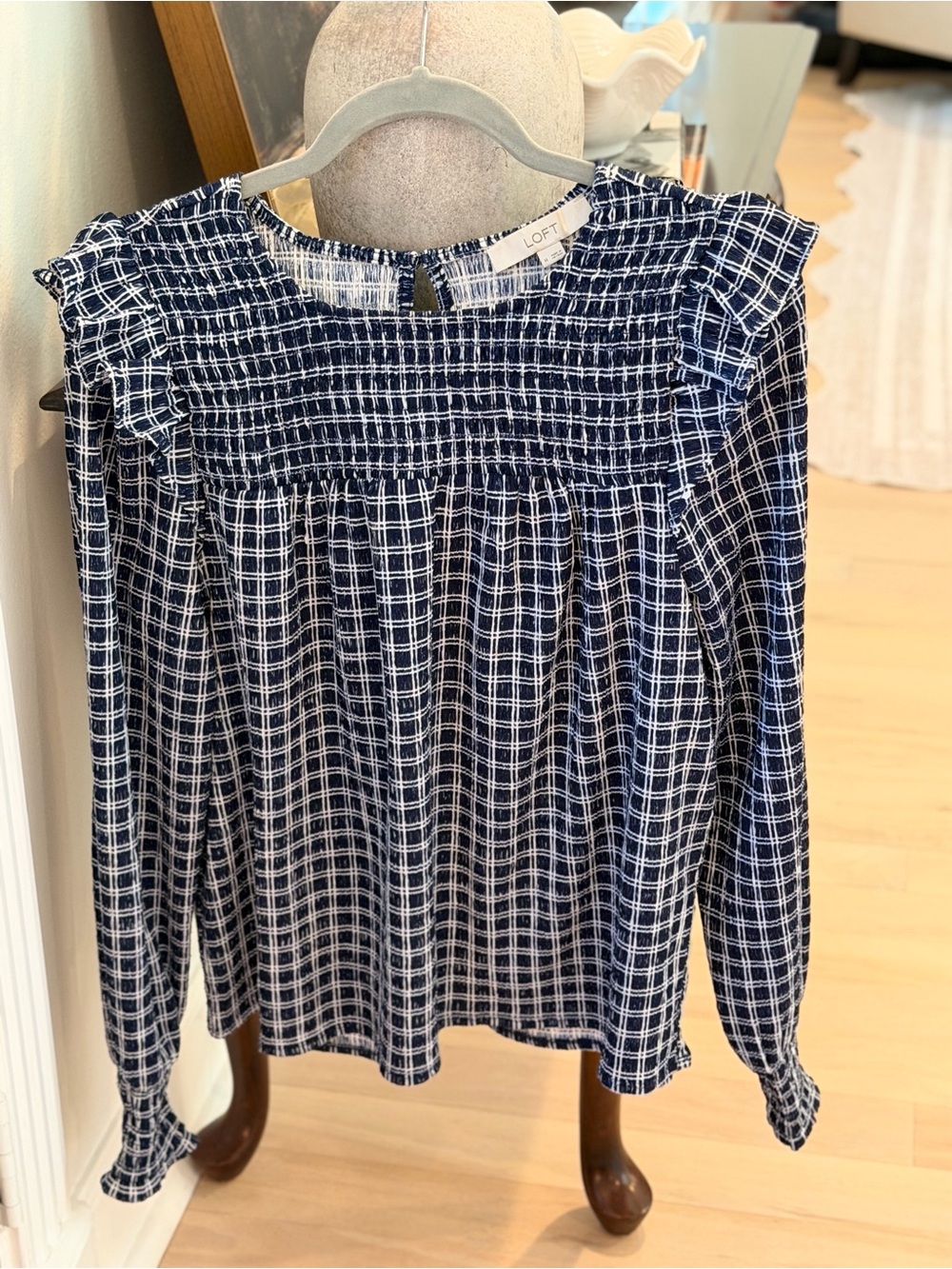 LOFT Navy and White Plaid Smocked Ruffle Yoke Blouse - Picture 4 of 6